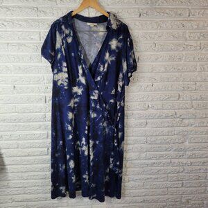 Dressbarn Shirt Dress Womens 22W Blue White Tie Dye V-Neck Belted Plus SWE37E